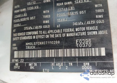 2012 Ford Transit Connect Xl z USA, uszkodzony, nr VIN NM0LS7CNXCT110268